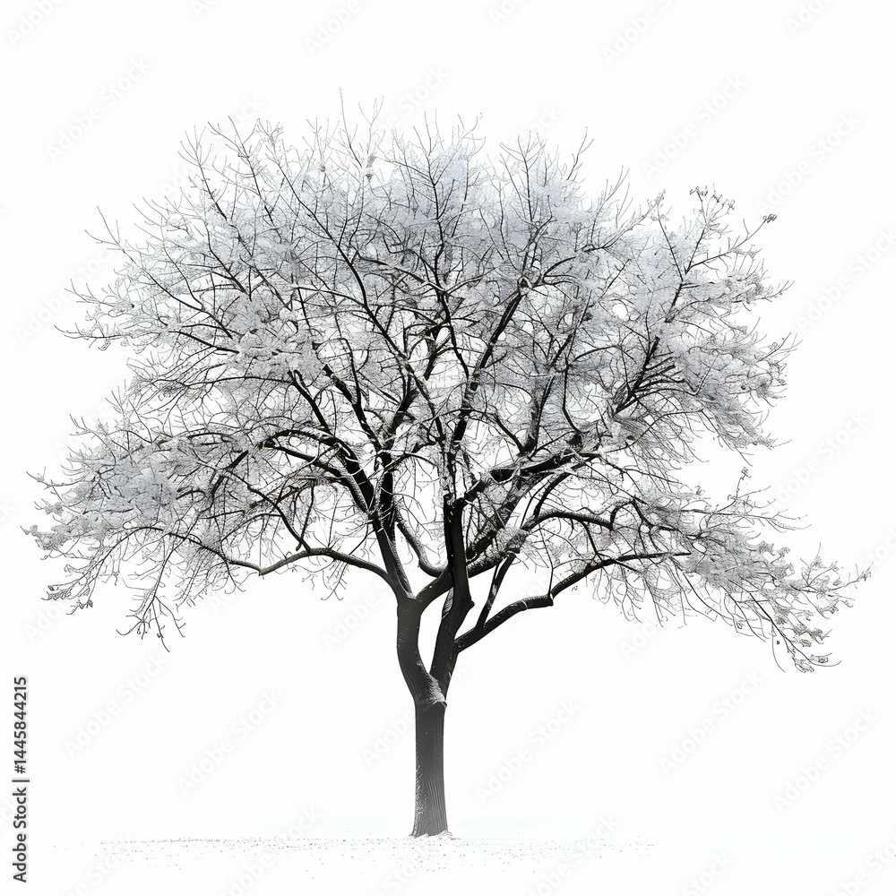 Isolated Tree Covered in Snow Against White Winter Background Isolated Tree Covered in Snow Against White Winter Background