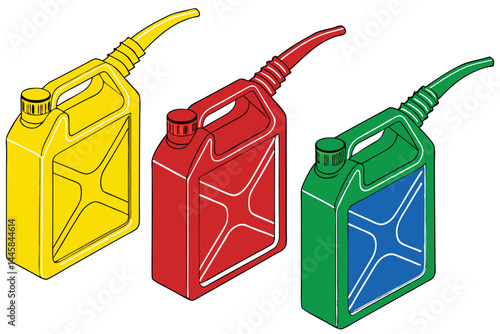 57 Colorful plastic oil cans, vibrant hues of yellow green red and blue, long curved spouts, industrial design, studio lighting, white background, high contrast, product photography, glossy finish, sy