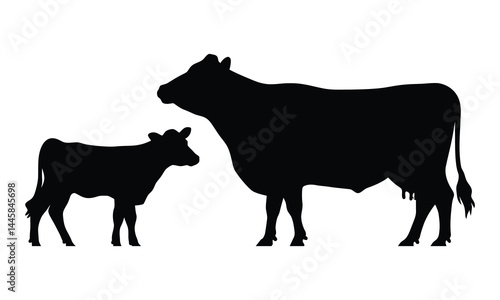 A black and white silhouette vector illustration depicts a cow and calf, farm animals and cattle