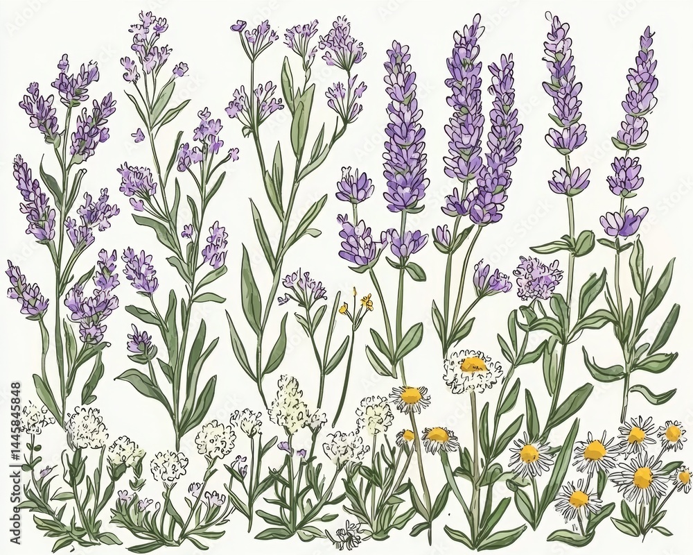 Naklejka premium A collection of botanical illustrations featuring lavender and chamomile flowers.