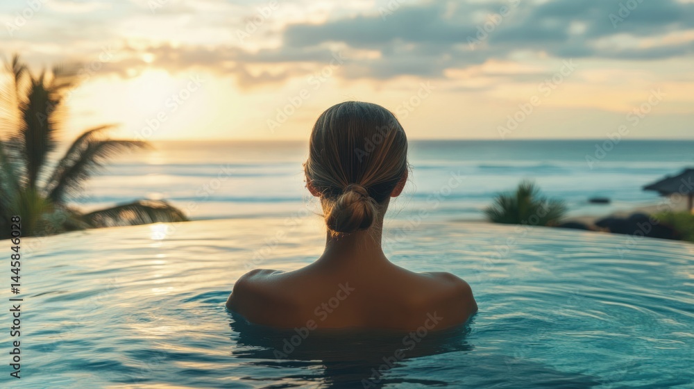 Woman enjoying sunset pool view Woman enjoying sunset pool view