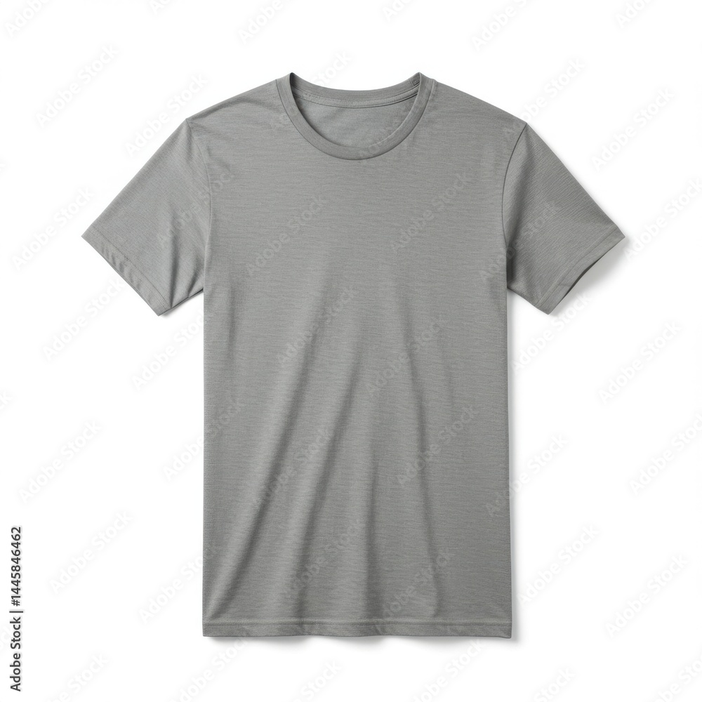 A plain gray t shirt with short sleeves and a round neck collar on a white background studio shot A plain gray t shirt with short sleeves and a round neck collar on a white background studio shot
