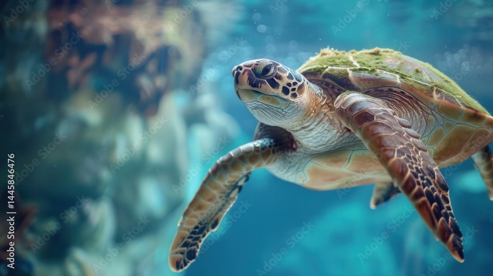 Fototapeta premium Majestic Sea Turtle Swimming Gracefully in Crystal Clear Water
