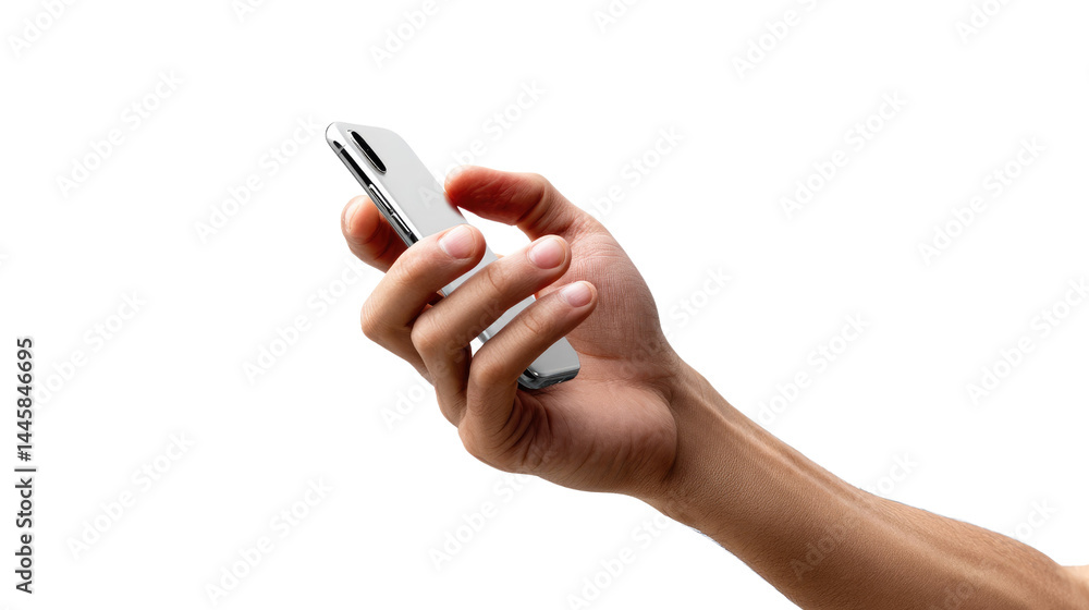 Fototapeta premium Holding the Device: A person's hand cradles a sleek, modern mobile device against a clear, unadorned backdrop. Showcasing digital connection and effortless communication.