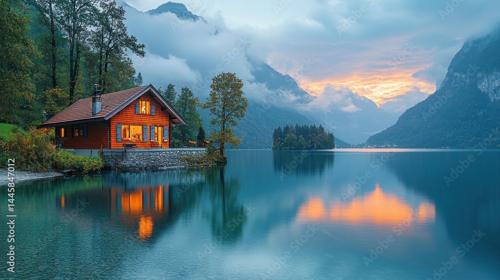 Fototapeta premium Lakeside cabin at sunset reflecting on still water. A charming chalet nestled beside a serene lake, bathed in the golden hues of a tranquil sunset. Misty mountains frame the scene