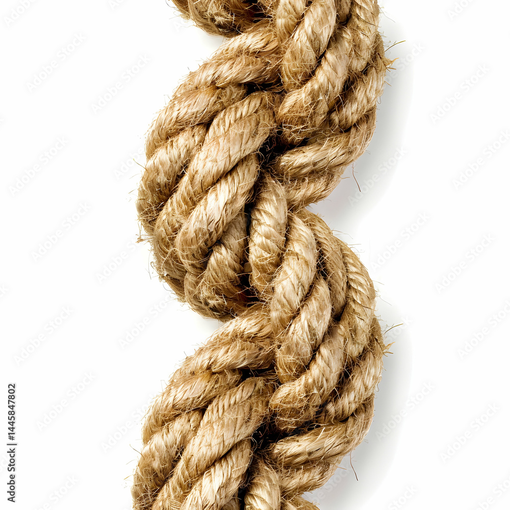 Natural hemp rope twisted in intricate patterns on a white background Natural hemp rope twisted in intricate patterns on a white background