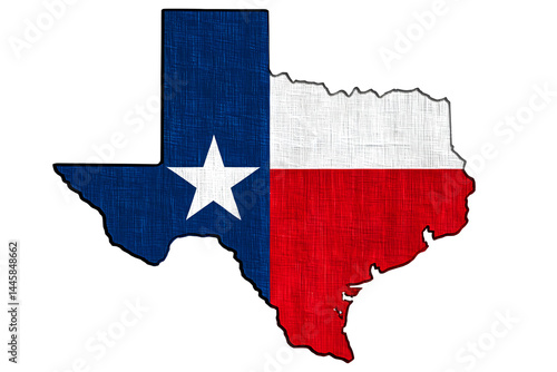 Texas map silhouette, featuring the state flag colors and a white star on transparent background blue backdrop