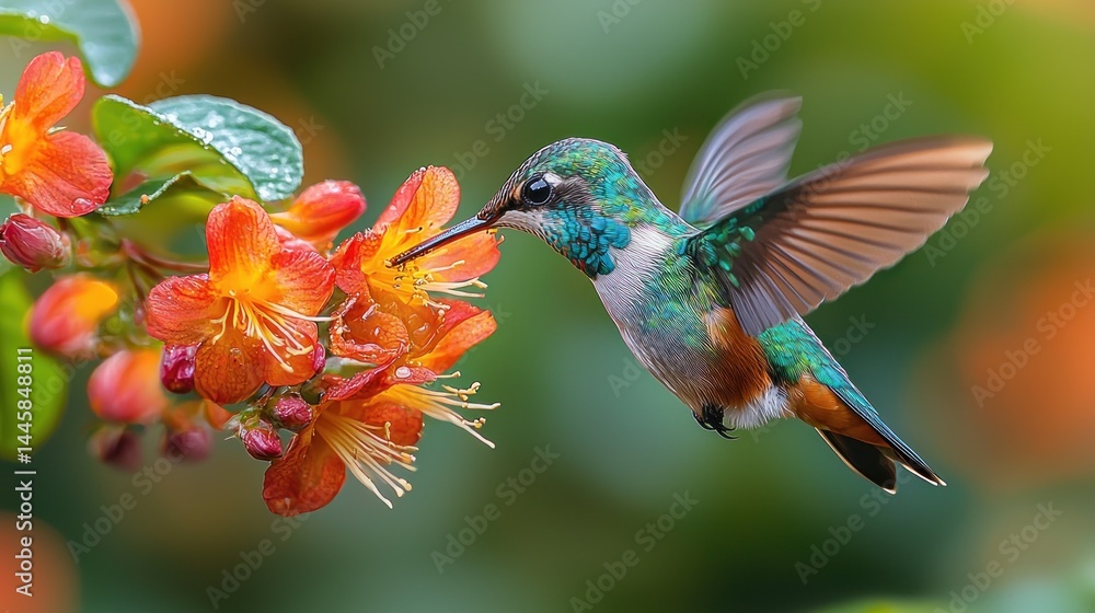 Fototapeta premium Colorful hummingbird in flight, feeding on vibrant orange flowers. 
