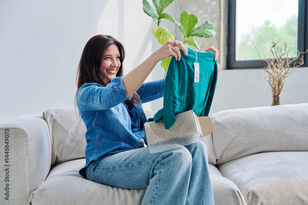 Young woman unpacking cardboard box parcel with online order, looking at new clothes