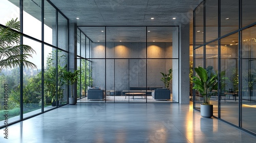 Wallpaper Mural Modern concrete office hallway with glass walls and greenery.  Large windows offer expansive views.  Sophisticated and minimalist interior design Torontodigital.ca