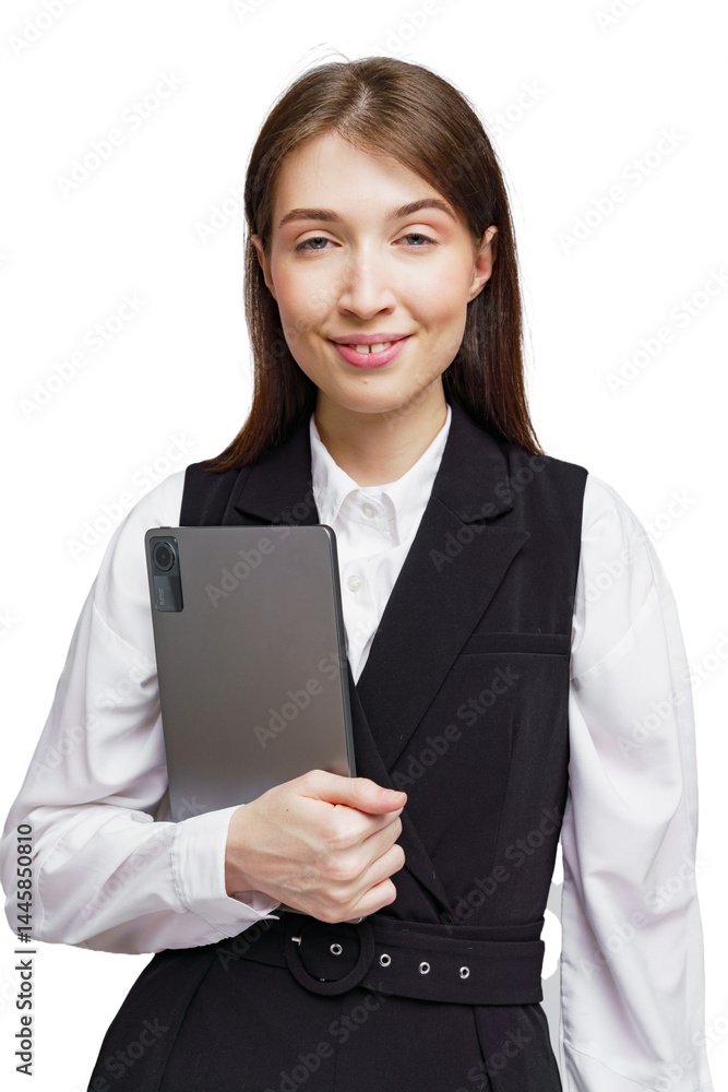 Confident young professional poses with tablet in a modern office setting during daytime Confident young professional poses with tablet in a modern office setting during daytime