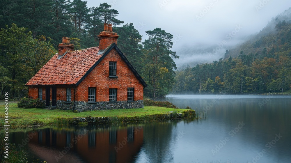 Obraz premium Quaint brick cottage nestled by a serene lake, surrounded by misty forest
