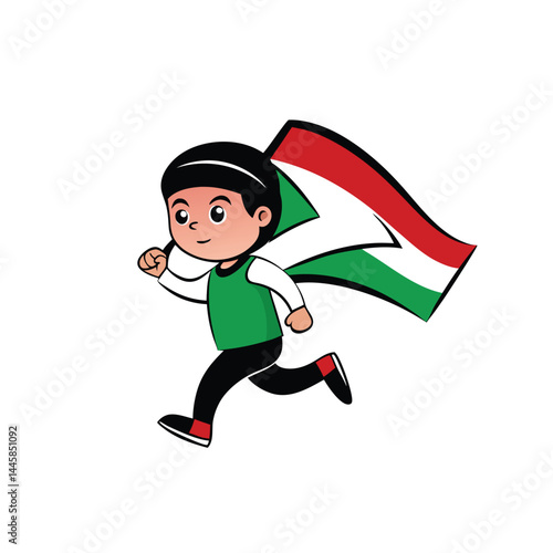 Cartoon sport illustration shows a boy running with a soccer ball while a boy and girl are jumping with fun action