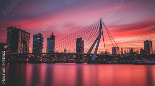 Vibrant sunset colors painting the iconic Erasmus Bridge over the water.