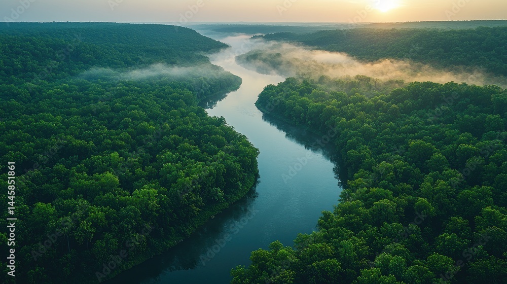 Serene river winding through lush forest at sunrise. Misty morning landscape Serene river winding through lush forest at sunrise. Misty morning landscape