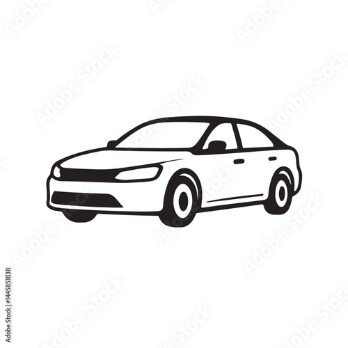 Simple black and white drawing of a modern sedan shown in side front perspective with clean lines and minimal detailing suitable for icons logos and design projects