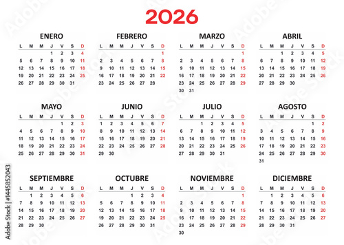 Spanish Yearly calendar. 2026 mockup. Annual Horizontal template. Classic simple minimal design. Black numbers on white background. Editable format. First day lunes monday. EPS10.