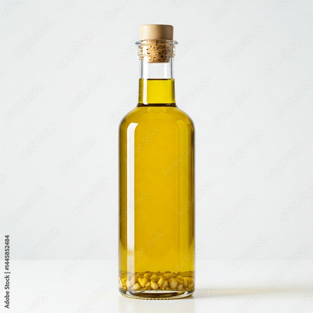 Artisanal Garlic Olive Oil Glass Bottle Kraft Label Isolated on White