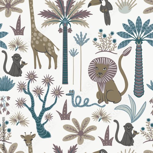 Seamless pattern with simple animals, trees and plants. Tropical jungle vector for kids.