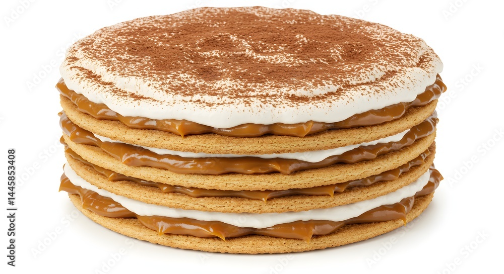 Close up of a layered cake with creamy filling and cocoa powder on top against a white background Close up of a layered cake with creamy filling and cocoa powder on top against a white background