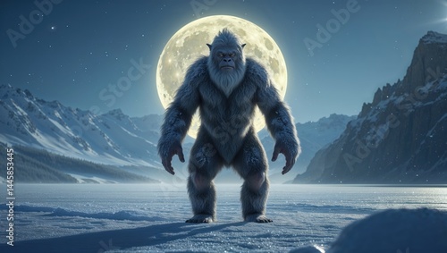 A majestic yeti stands tall against a backdrop of snow-covered mountains and a luminous full moon, creating a breathtaking winter scene.