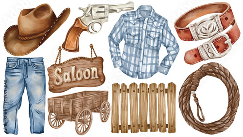 Watercolor Cowboy Western Clip Art Set Hand Painted Hat Revolver Shirt Jeans Belt Lasso Saloon Sign Fence Wagon Country Style Illustration