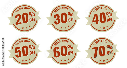 Special Offer 20, 30, 40, 50, 60, 70 Percent Off – beige and red vintage sticker, retro badge – vector illustration