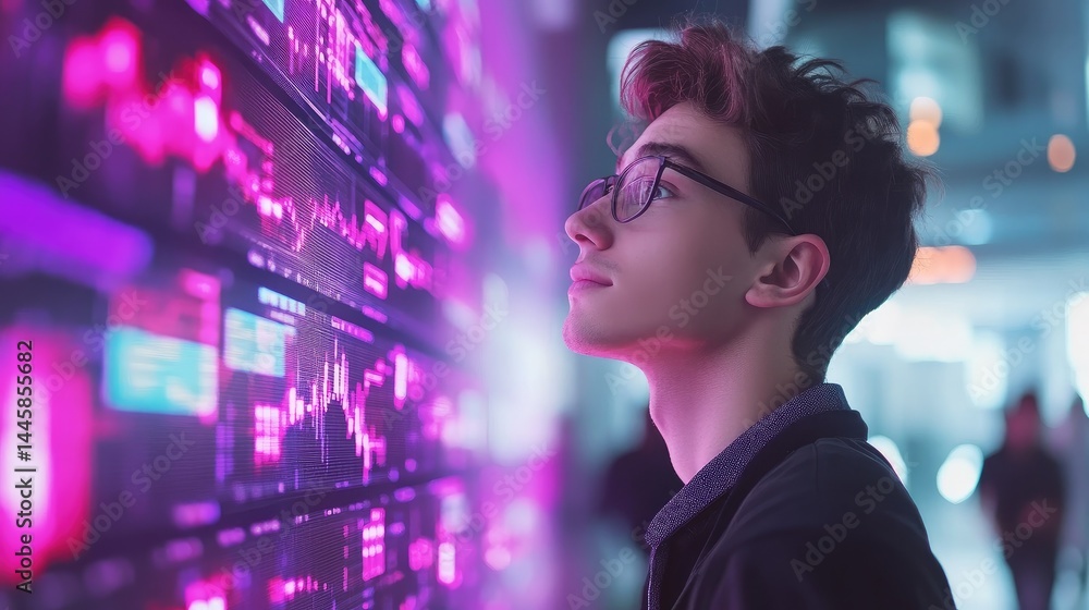 Young man looking at glowing digital wall displaying financial data Young man looking at glowing digital wall displaying financial data