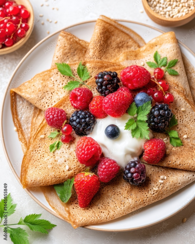 Gluten free healthy meal vegan top view. Buckwheat crepes topped with yogurt, fresh berries, and herbs, served on a white plate with a light, rustic background. Gluten free healthy meal vegan top view. Buckwheat crepes topped with yogurt, fresh berries, and herbs, served on a white plate with a light, rustic background.