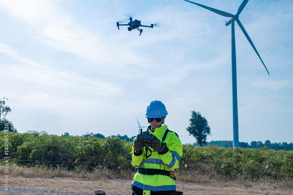 Obraz premium Engineers using drone to inspect wind farm