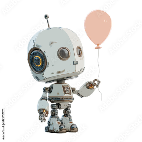 A charming robot holding a pink balloon