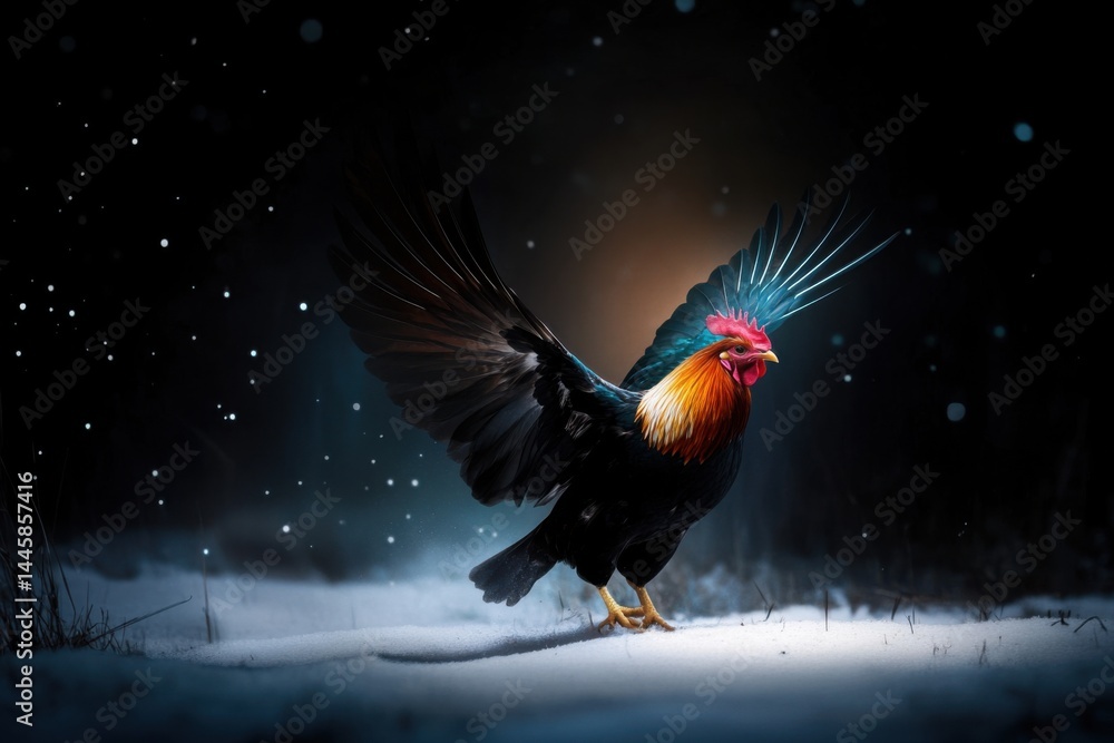 Obraz premium Isolated rooster pose with raised wings, clean background and cinematic tone