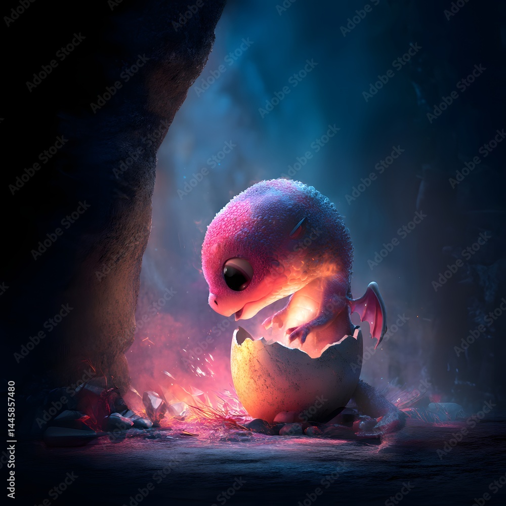 Hatching Wonder: Adorable Baby Dragon Emerging from a Fiery Egg