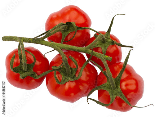 Fresh organic tomatoes on stem, top view, PNG isolated