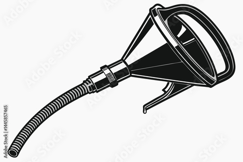 58 Black plastic funnel, flexible corrugated hose, industrial design, automotive tool, oil change equipment, kitchen utensil, liquid transfer device, mechanical aesthetic, monochrome, high contrast, d