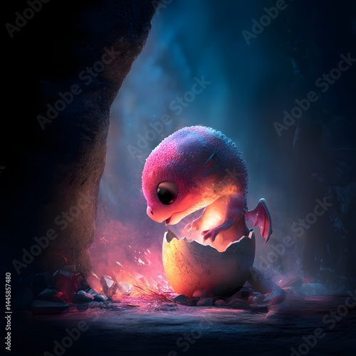 Obraz na płótnie Hatching Wonder: Adorable Baby Dragon Emerging from a Fiery Egg w salonie