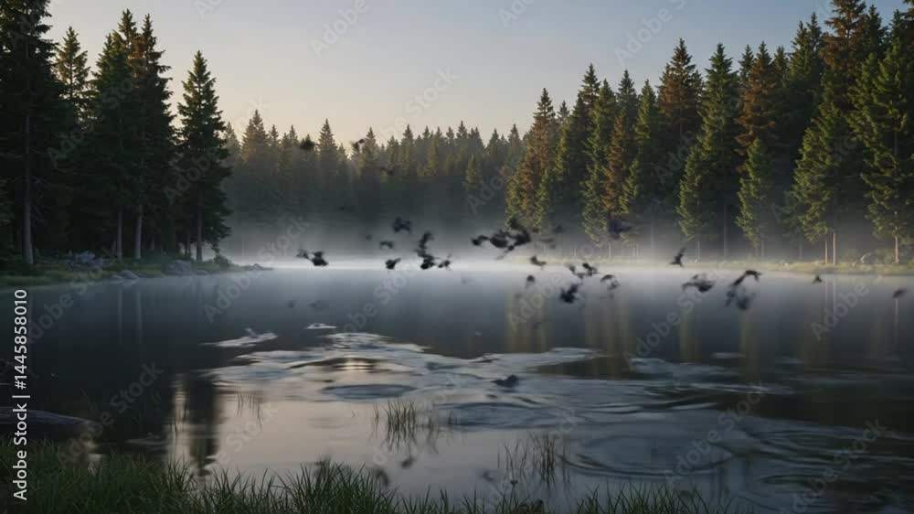 Morning Mist Over Calm Lake Surrounded by Evergreen Trees Reflection Morning Mist Over Calm Lake Surrounded by Evergreen Trees Reflection