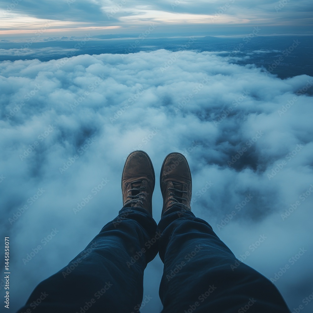 A View from Above: Legs Dangling Over a Sea of Clouds at Dusk, Freedom and Adventure in the Sky, Perspective from Up High. A View from Above: Legs Dangling Over a Sea of Clouds at Dusk, Freedom and Adventure in the Sky, Perspective from Up High.