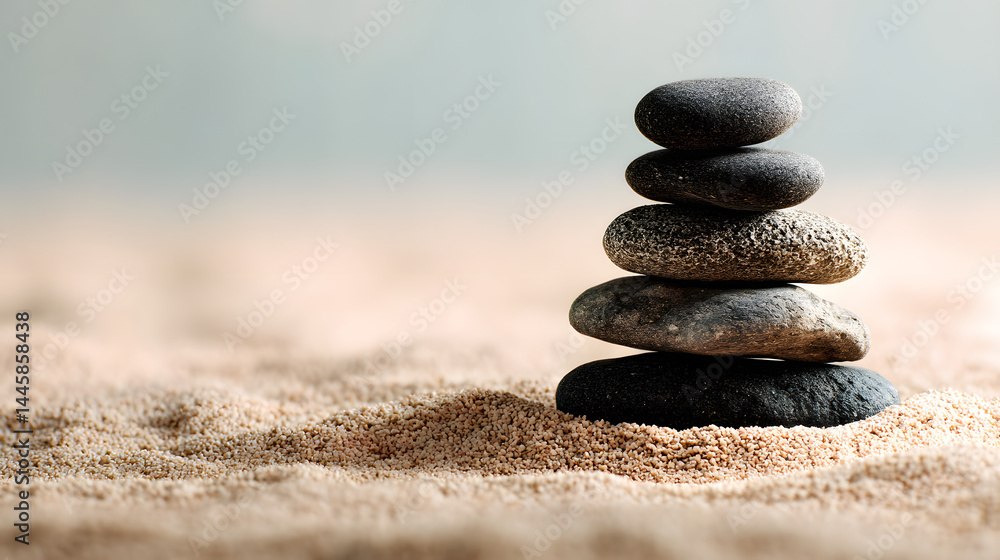 Stone Zen Stack on Sand: A minimalist Zen garden scene featuring a carefully stacked pile of gray stones resting on soft, natural sand. The soft background evokes a sense of tranquility and focus. Stone Zen Stack on Sand: A minimalist Zen garden scene featuring a carefully stacked pile of gray stones resting on soft, natural sand. The soft background evokes a sense of tranquility and focus.