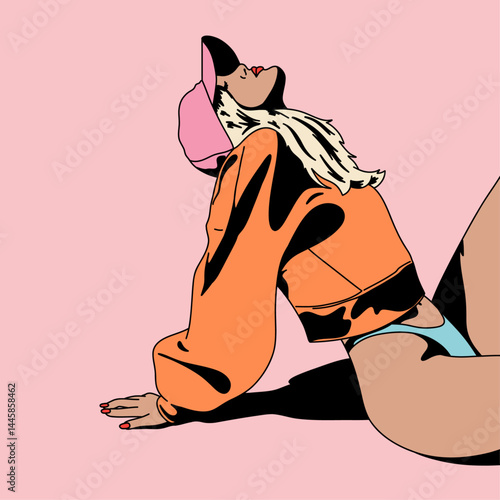 Colorful Relaxed Young Blonde Woman Wearing a Cap and a Sweatshirt Sitting on the Floor