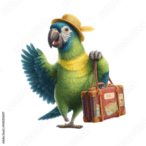 A parrot on holiday with luggage and hat