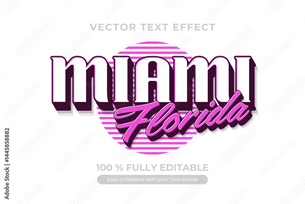 Naklejka premium Fully editable Miami Florida text effect in a retro style and pink color