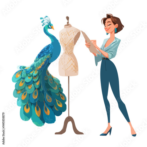 A fashion designer inspired by a peacock, ready to create a stunning gown