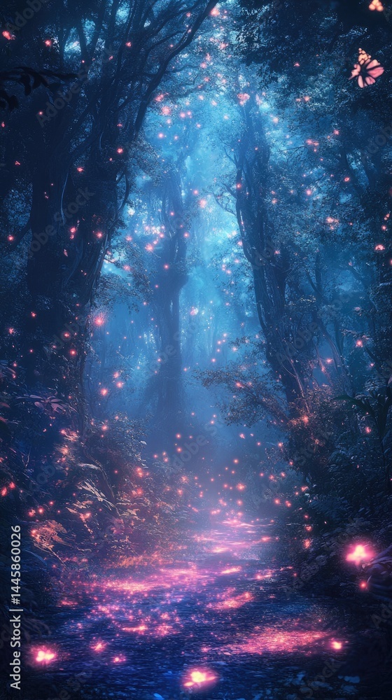 Enchanting, luminous forest path at night. Enchanting, luminous forest path at night.