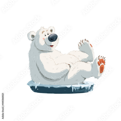 A joyful cartoon polar bear resting on an iceberg 