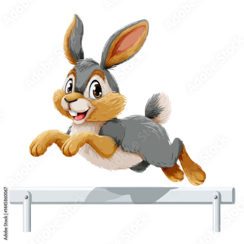 A cartoon rabbit leaping over a hurdle 