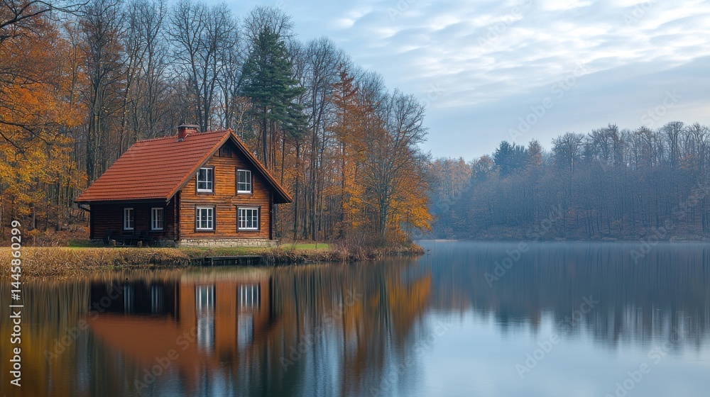 Fototapeta premium Rustic cabin by a serene lake in autumn