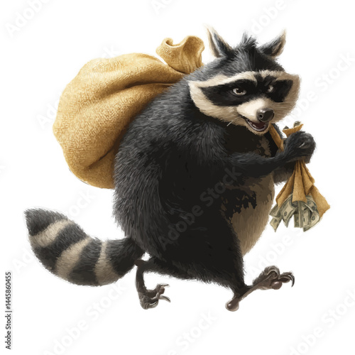 A mischievous raccoon carrying a bag of loot 