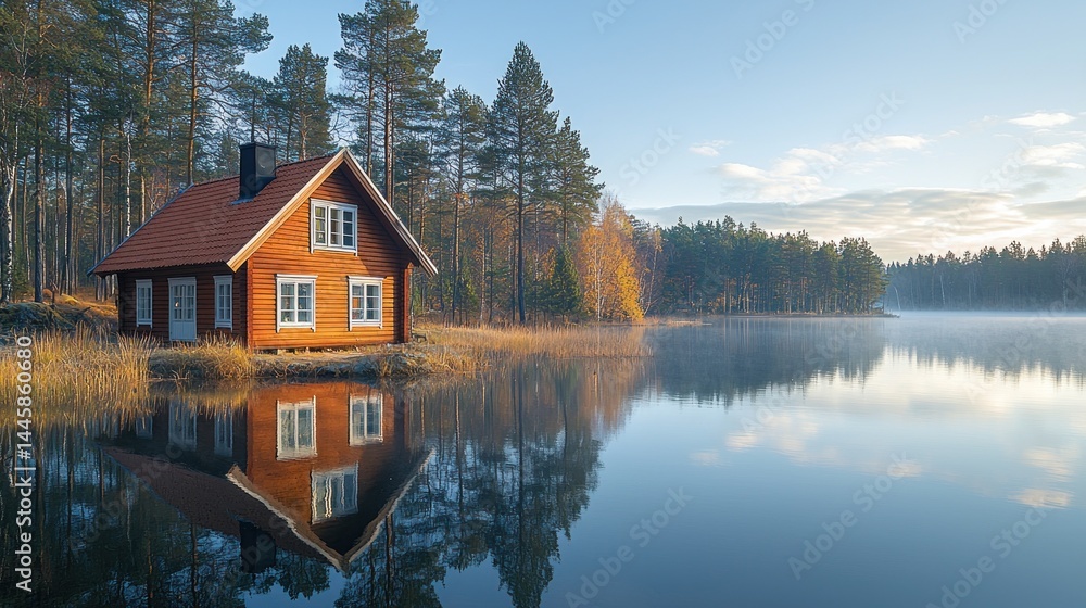 Fototapeta premium Rustic cabin by a serene lake at dawn