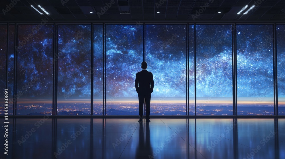 Fototapeta premium Businessman gazing at a galactic skyline high-rise office hyperrealistic image futuristic environment dramatic viewpoint